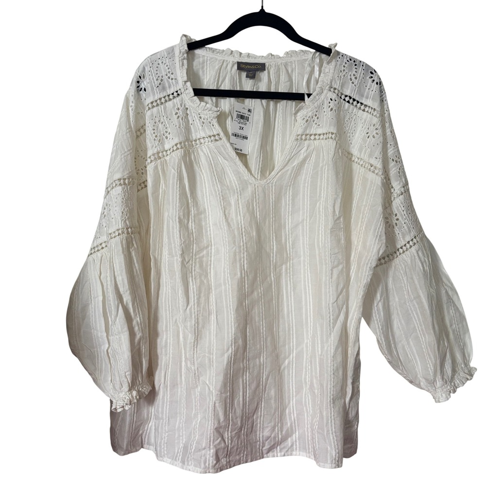 Style & Company Women's Top 3X NWT Embroidered Delicate Eyelet Lace White